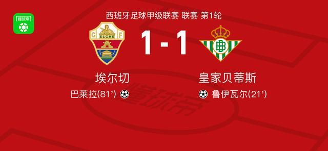 安全下注-埃尔切1-1皇家贝蒂斯,鲁伊瓦尔先拔头筹,巴莱拉扳平
